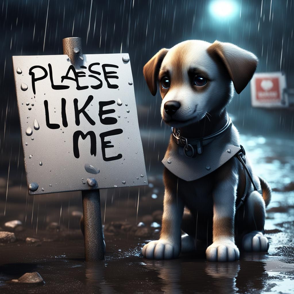  sad puppy in the rain with sign that says please like me