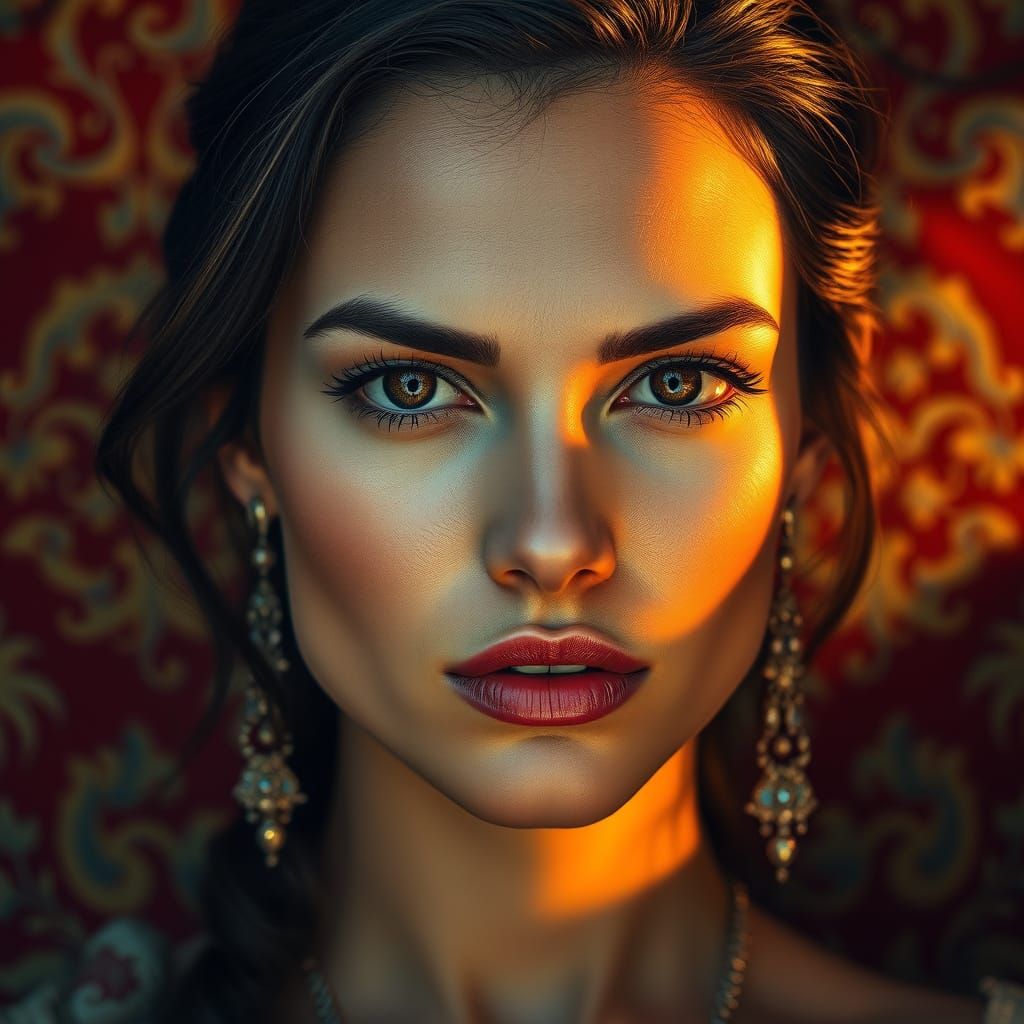Confident Woman in Luxurious Tapestry Background