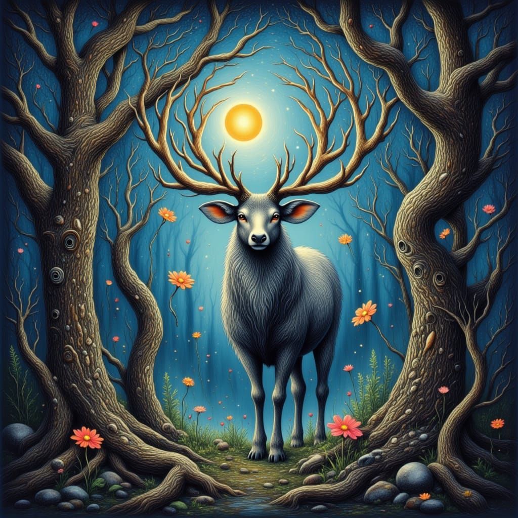 Majestic Stag with Tree Antlers in Moonlit Forest