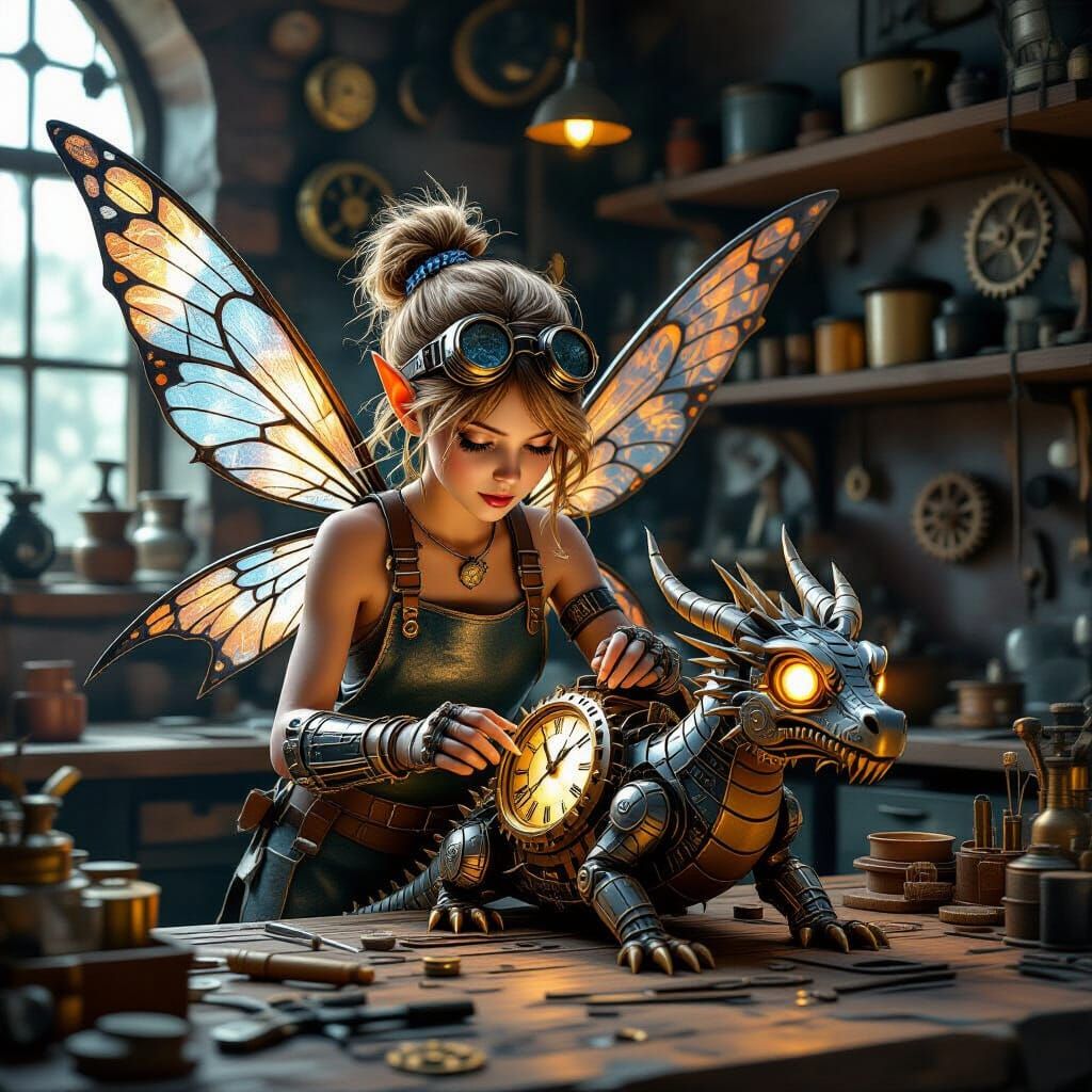 A mechanic fairy with metal wings and glowing eyes tinkers with a broken clockwork dragon in a steampunk ...  by @Shadowbird
