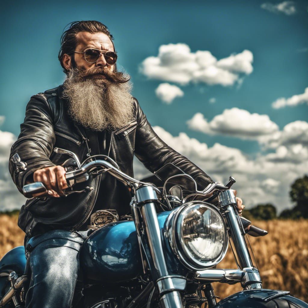 a man with a alot of beard and mustache riding a motorcycle ...