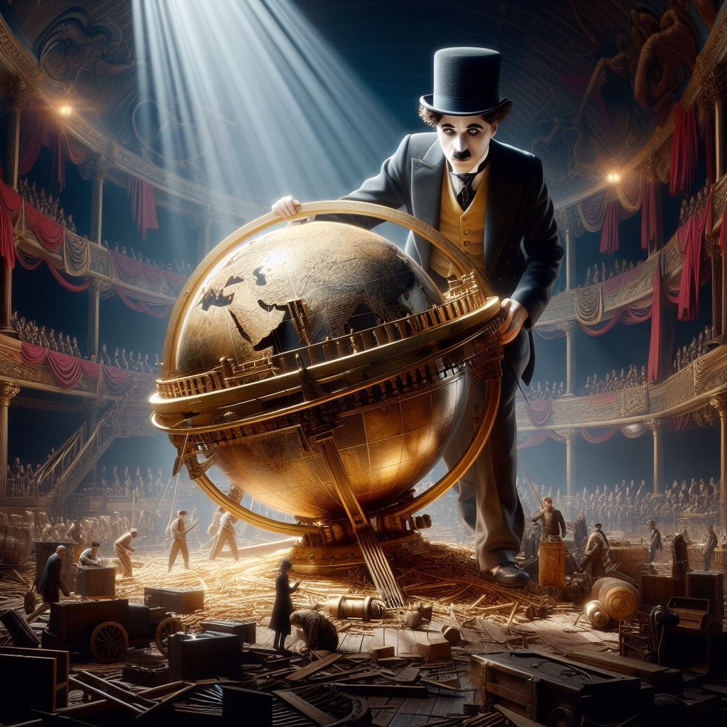 Chaplin's character manipulating a large, globe-shaped prop