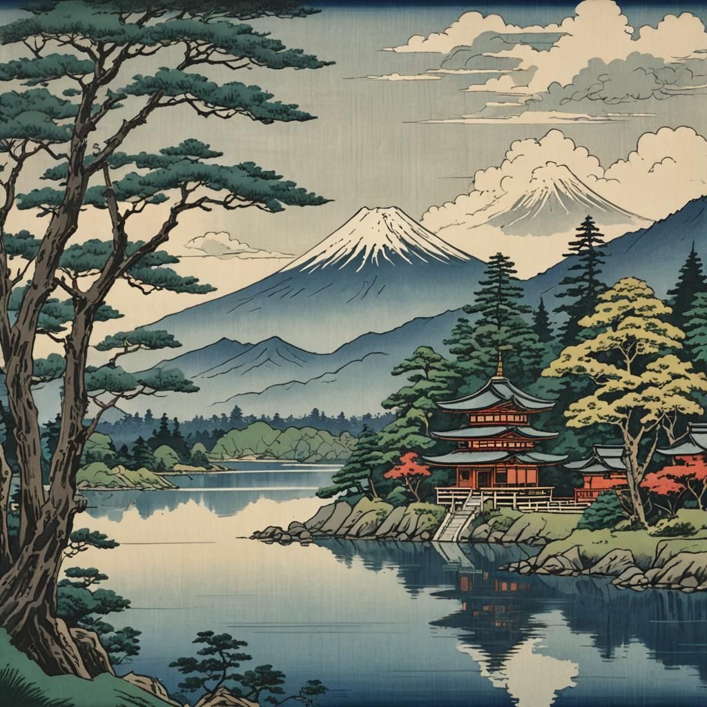 Ukiyo-e woodblock print of an japanese temple near mount fuji.  by @Terra