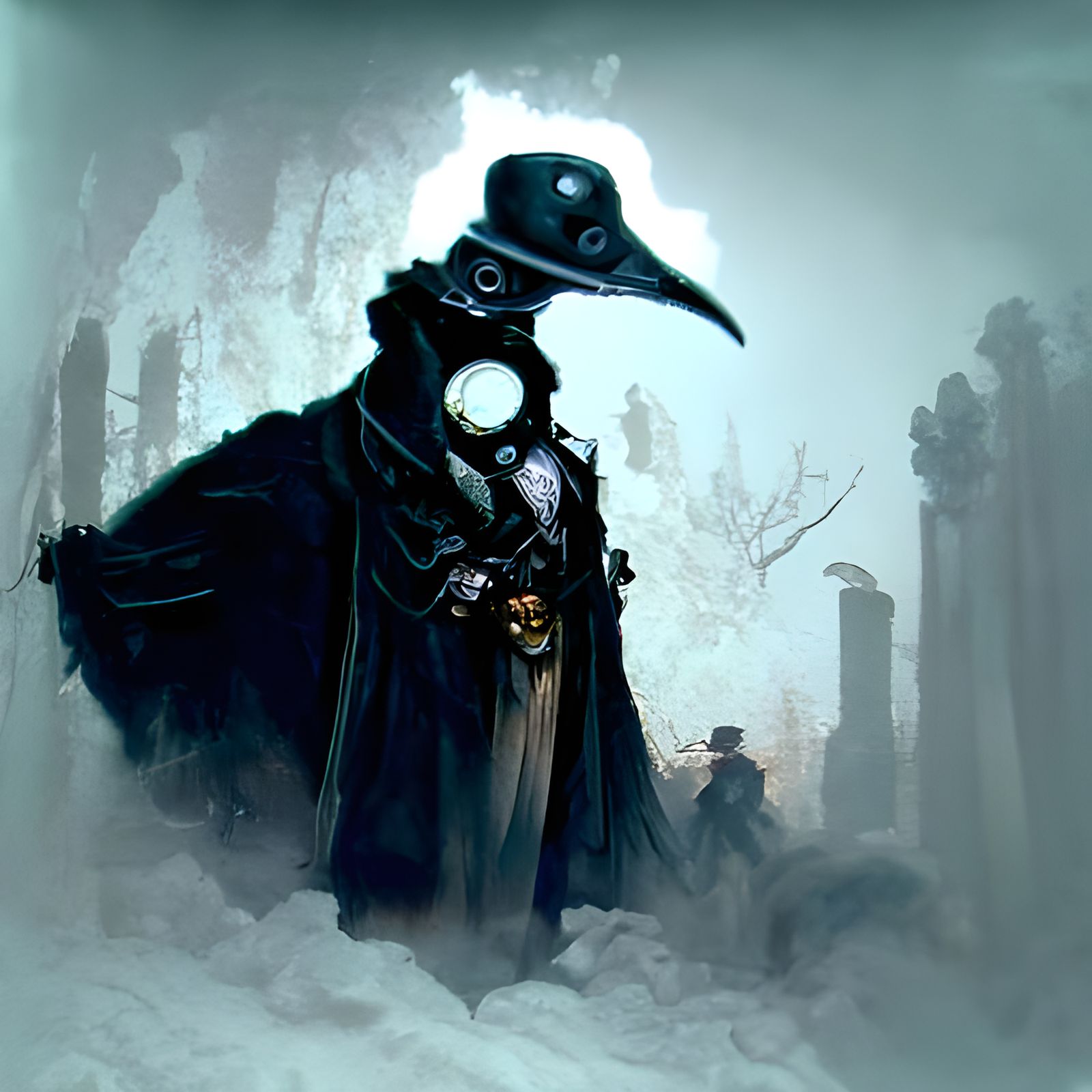 Steampunk Plague Doctor Looking Over Graveyard