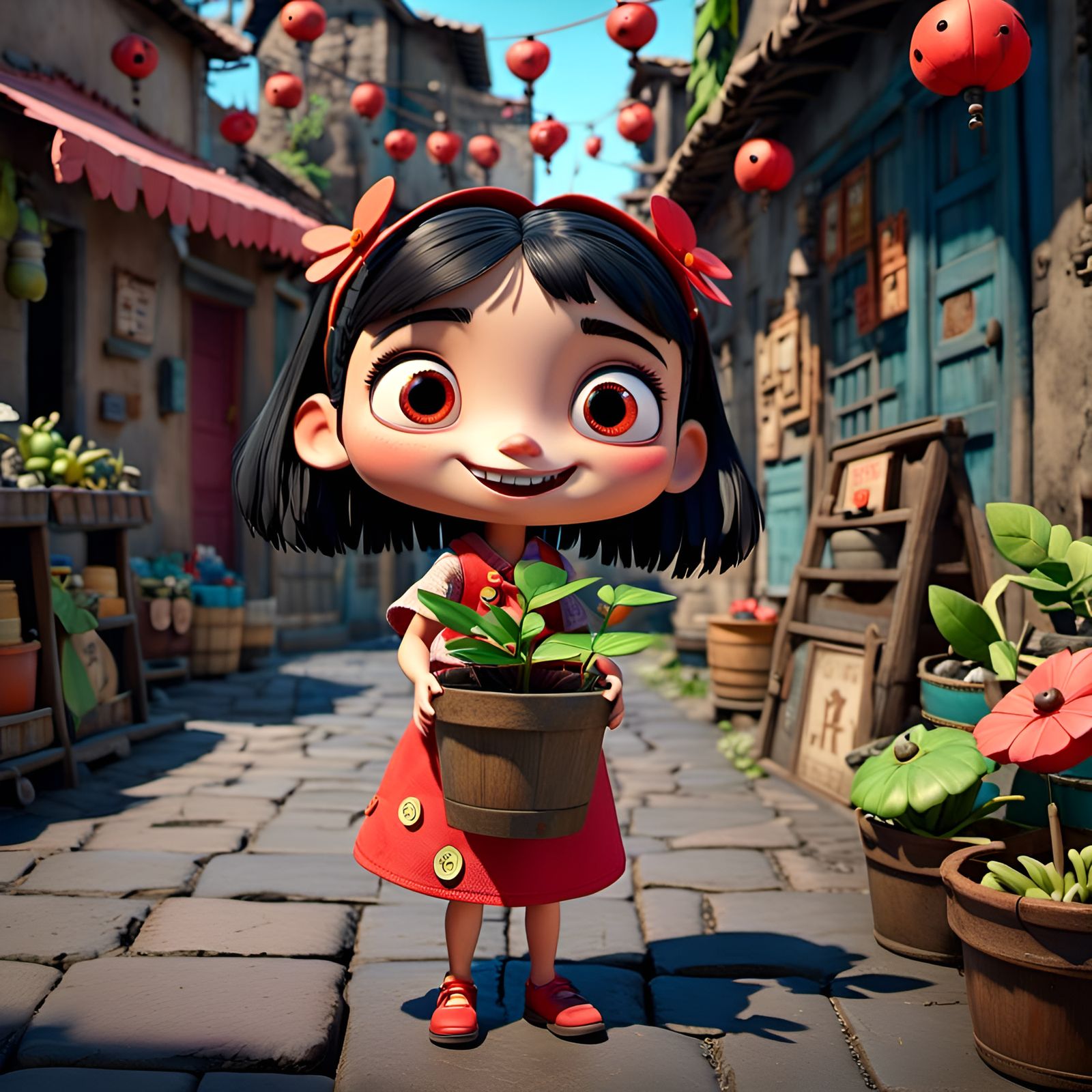 <lora:Dollify:1.0>a girl holding a potted plant at a market 