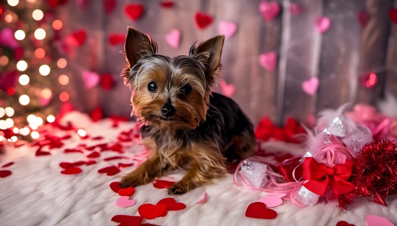Valentines day toy Yorkie ready to celebrate heart streamers confetti
