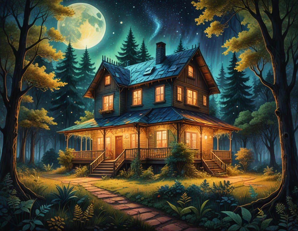 A house in a night forest  by @undefined