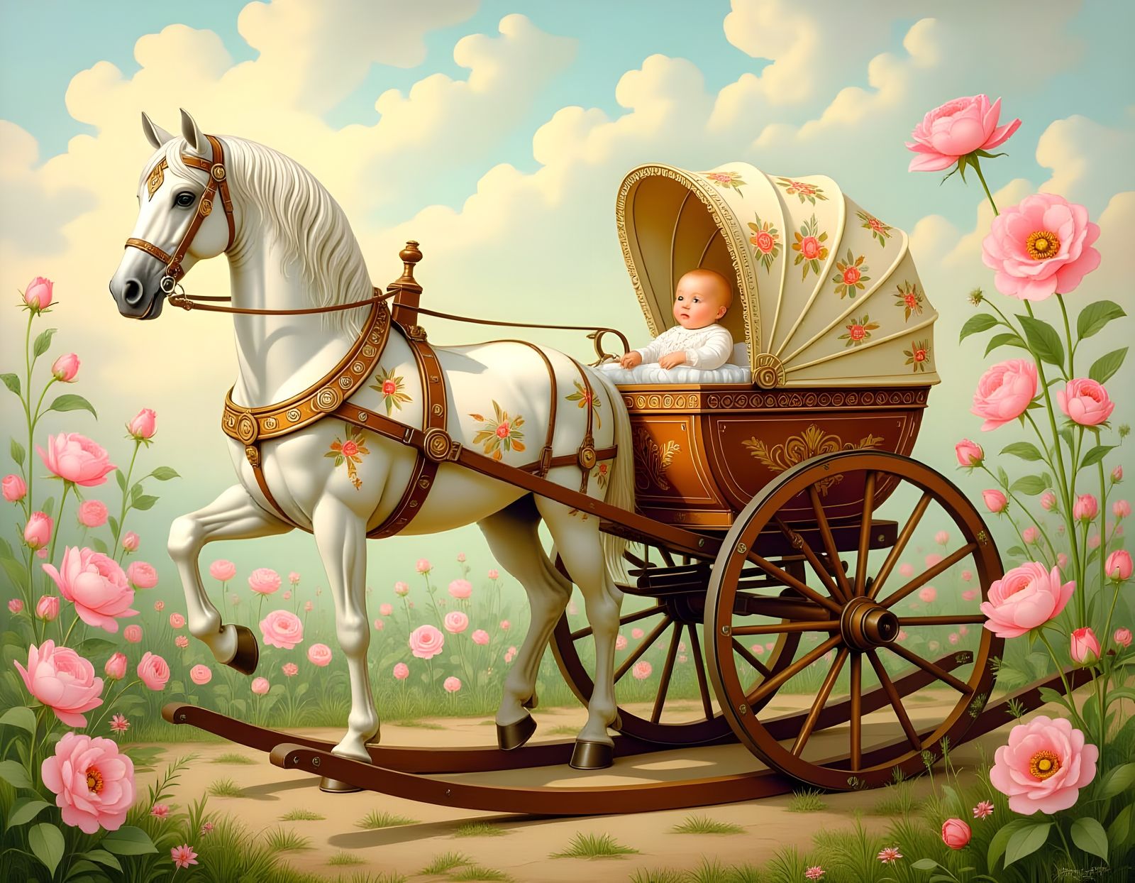 Whimsically absurd rocking horse baby carriage  by @Gary Murakami