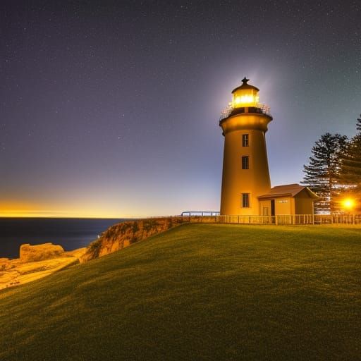 Ultrarealistic starry night sky and lighthouse at night Prof...