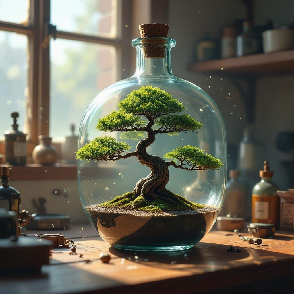 Hyperrealistic Bonsai in Inventor's Room Digital Painting