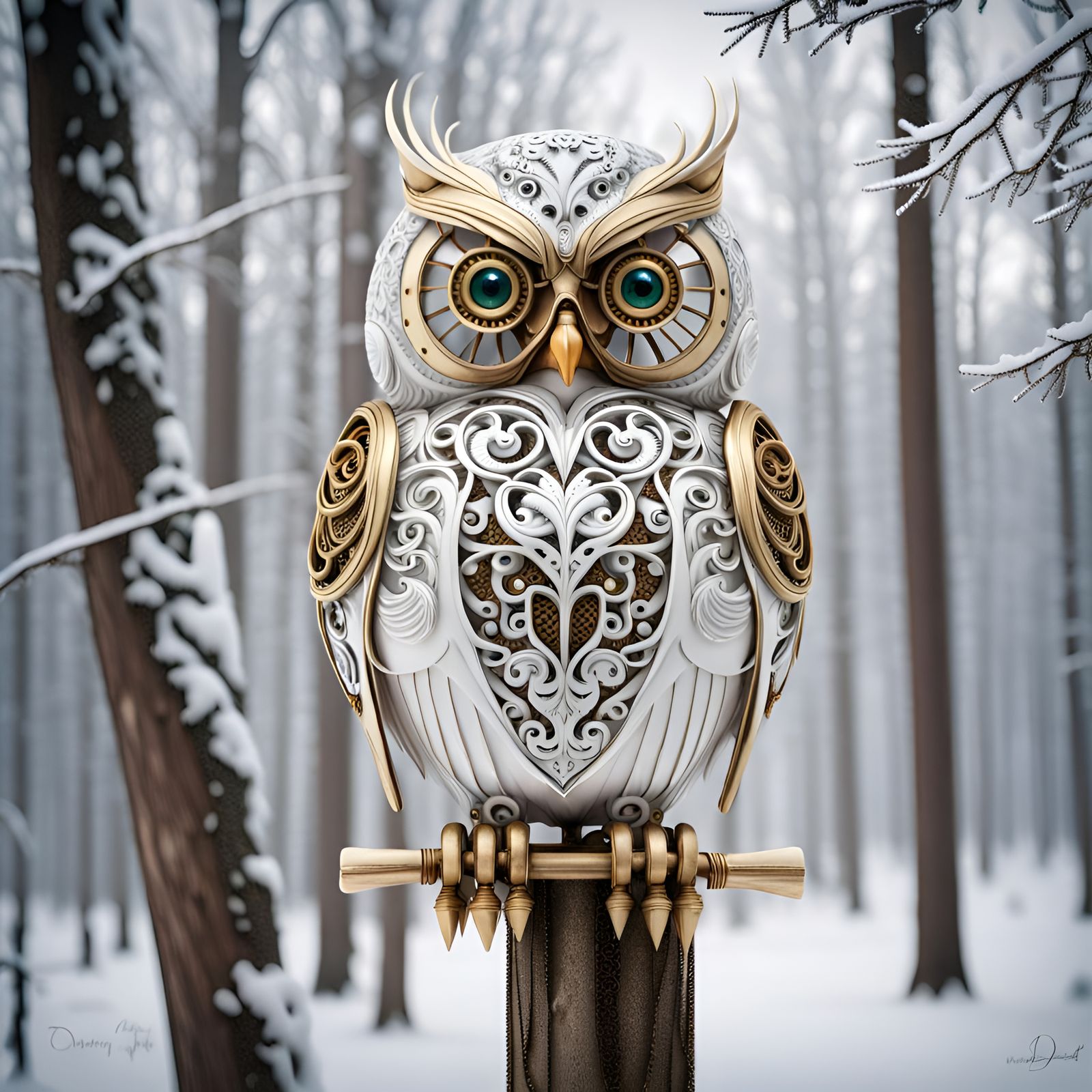 Steampunk white owl in winter wonderland landscape.  by @Persian Digital Art