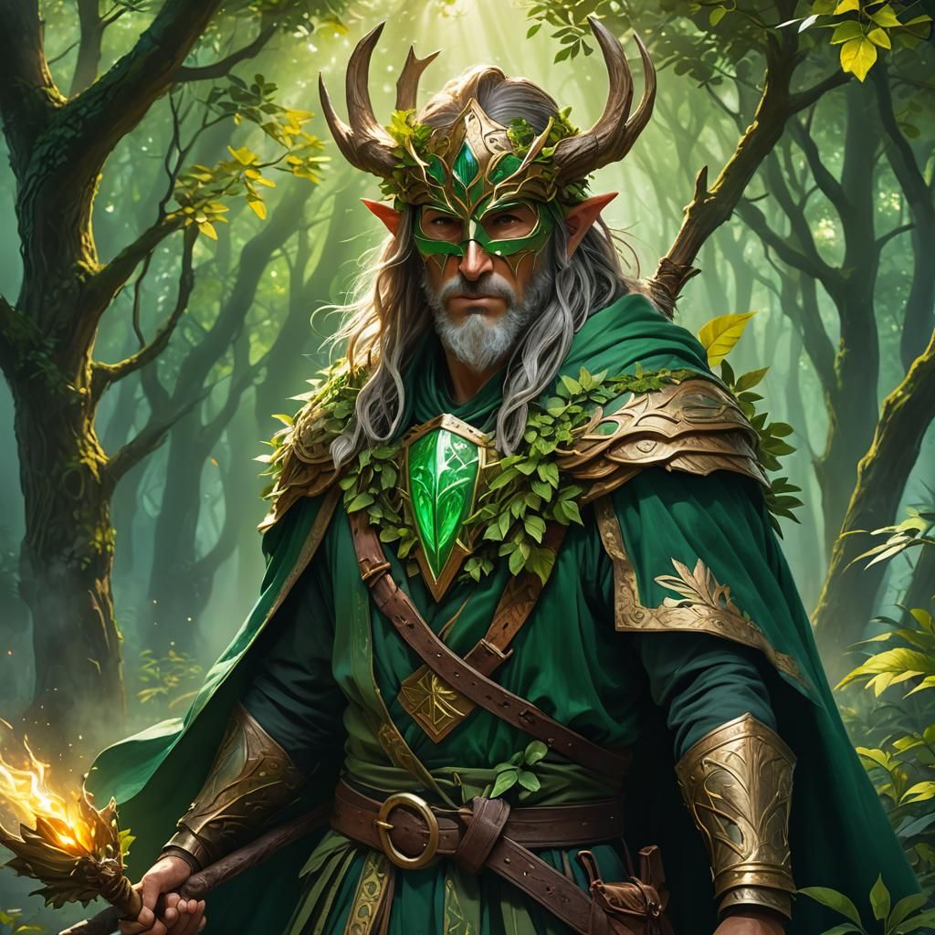 Vibrant fantasy concept art. Head and shoulders portrait. A male druid with a (wooden:1.2) mask hiding his face, wearing green flowing robes...