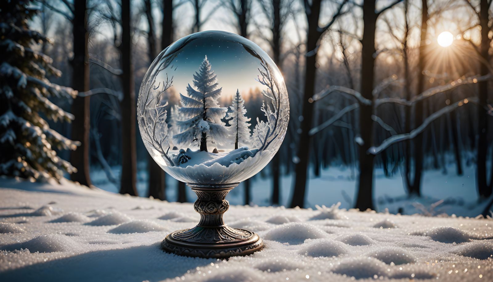 A decorated crystal goblet enclosing a magical winter scene.
  by @KOSH
