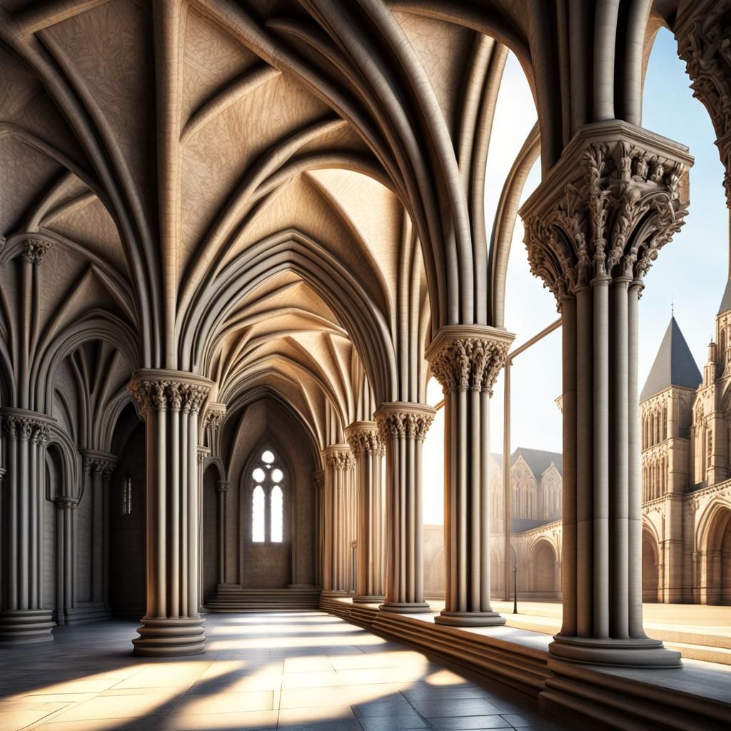 Highly detailed Romanesque cathedral interior, with round headed arches