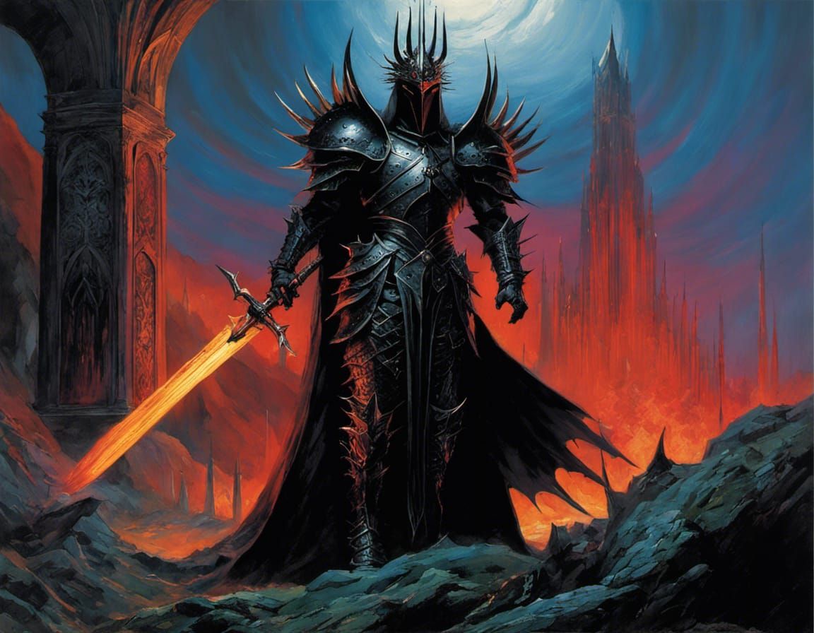 Sauron with black spiked armour, with a sword, horror and bloody, magic ...