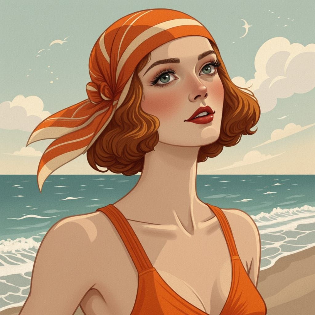 Art deco style: close-up Portrait of a beautiful ginger woman with slightly wavy hair, wearing a bob cut, a foulard in her hair, and a orang...