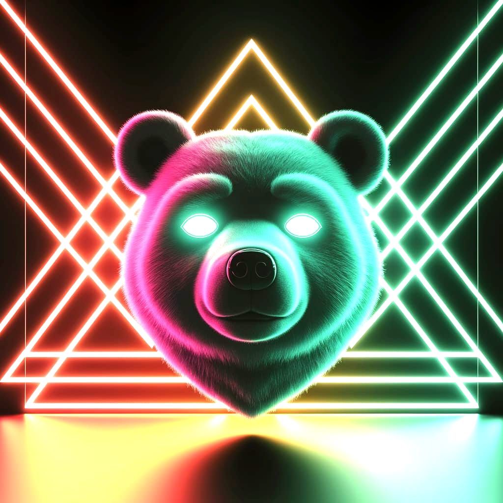 The Cyberpunk Bear Dreams. Facing the viewer. Only the Bear's head is visible, floating in the middle of the background. Poster design aesth...