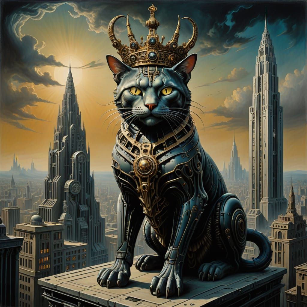 Surrealist oil painting. Full shot. A colossal, ancient mechanical cat, its eyes glowing with ethereal energy, wears a complex, steampunk-in...