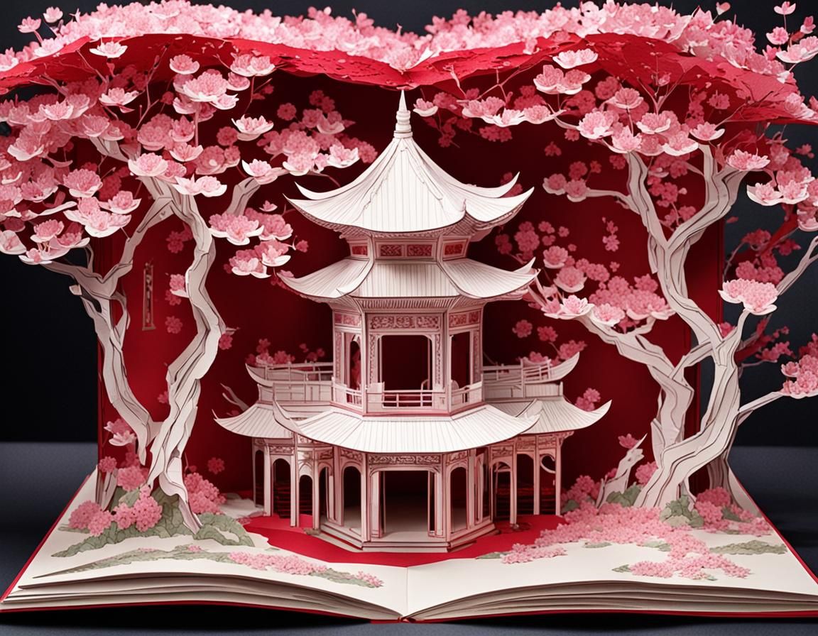 Art neauveau cherry blossom pop up book. White, pink, red, Intricately detailed, hyperrealistic   by @undefined