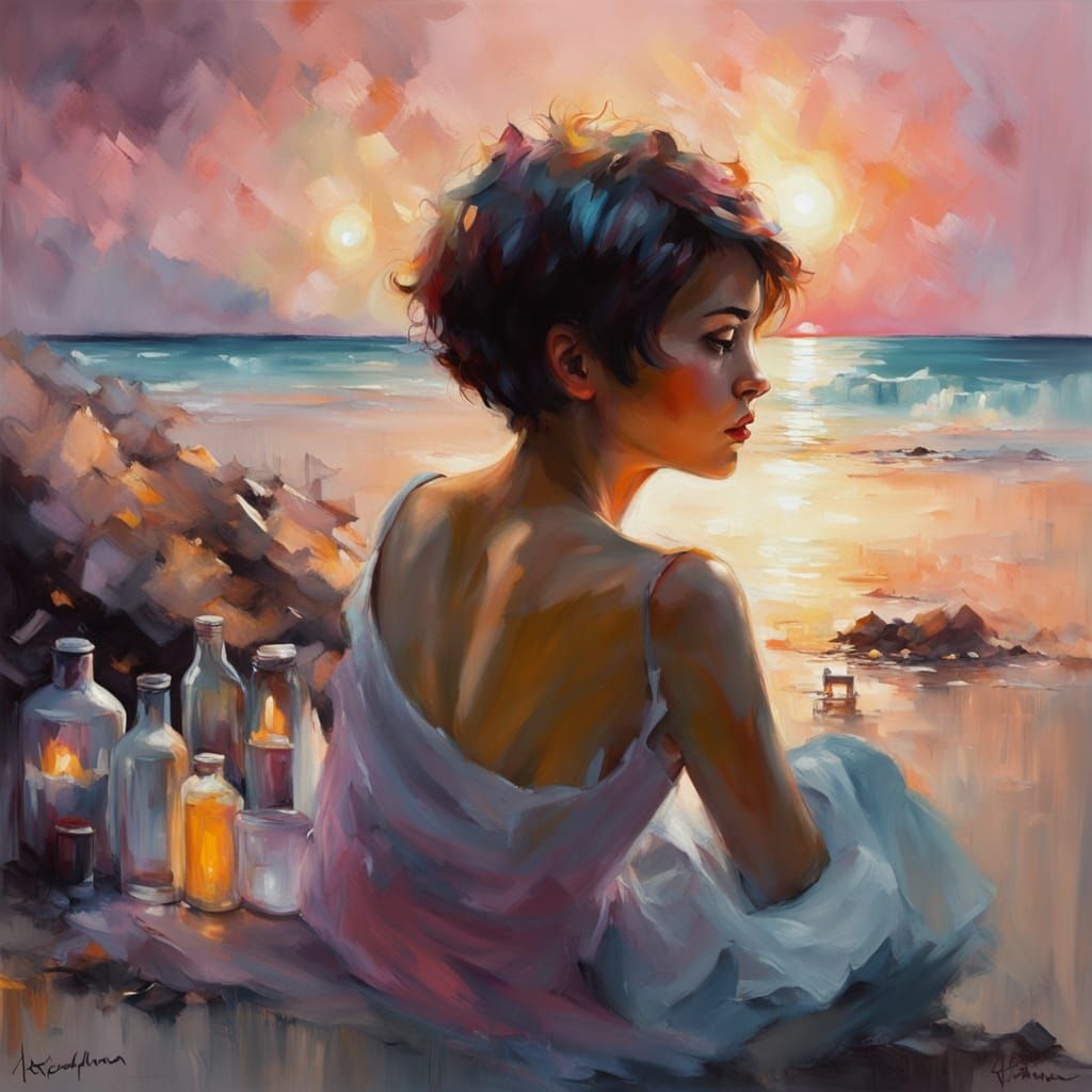 Modern Impressionistic painting. A pixie woman with a short haircut sits by a beach fire, scattered bottles ...  by @Tony Turko