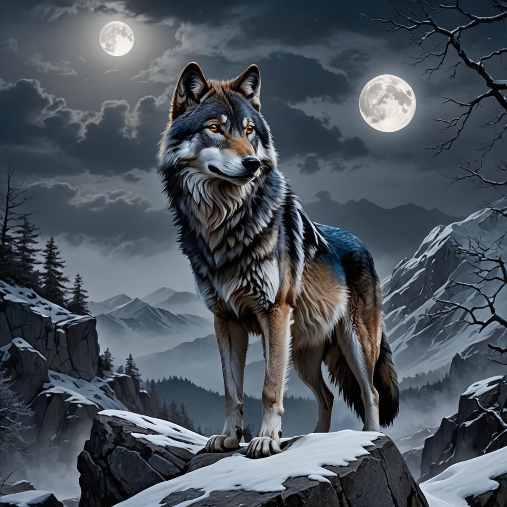 majestic normal size  wolf, with head tilted upward, capturing the essence of its wild nature standing on a rocky outcrop, with a full moon...