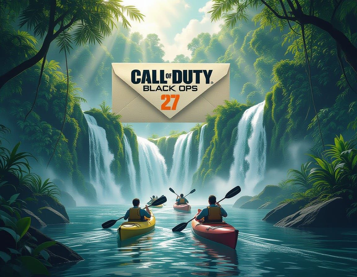 An open envelope and from it comes out in a dreamlike way a tall waterfall and kayaks with men in them descend down it. Smiling, as if it wa...