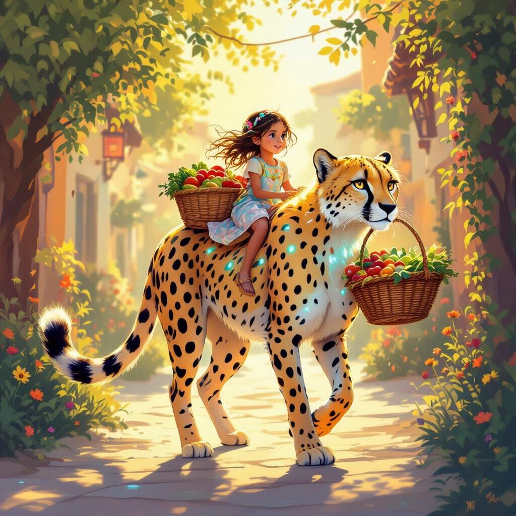 A magical cheetah let's a girl ride in it's back to pickup groceries 