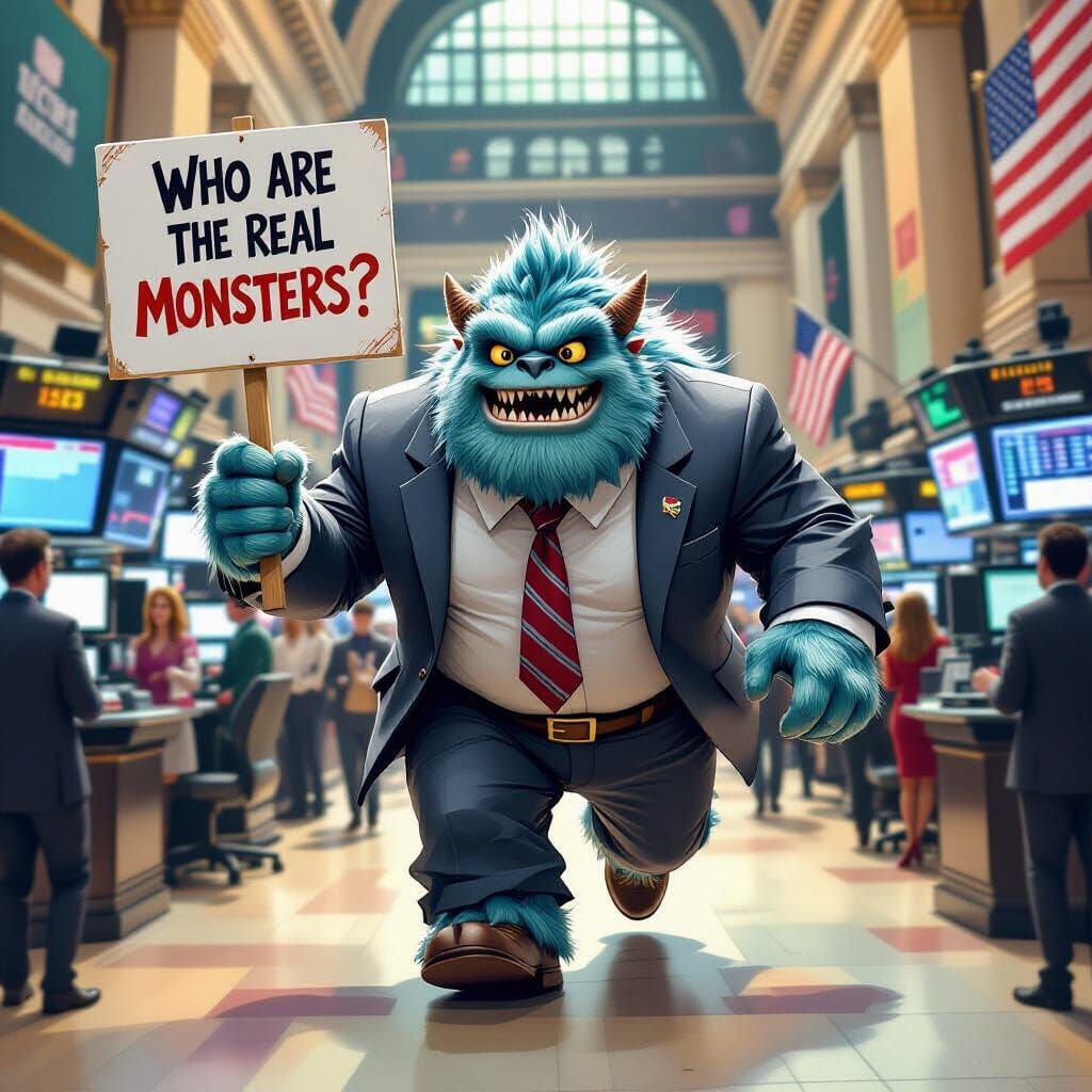 sully from monsters inc. running through the NYSE with a sign "who are the real monsters?"  by @Mark_Bulmer_Inner_Visions