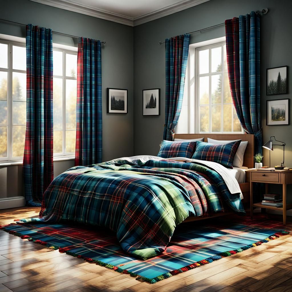 A bedroom with plaid tartan bedding, tartan curtains hanging on the window,  plaid rug on the floor. ...  by @Irene