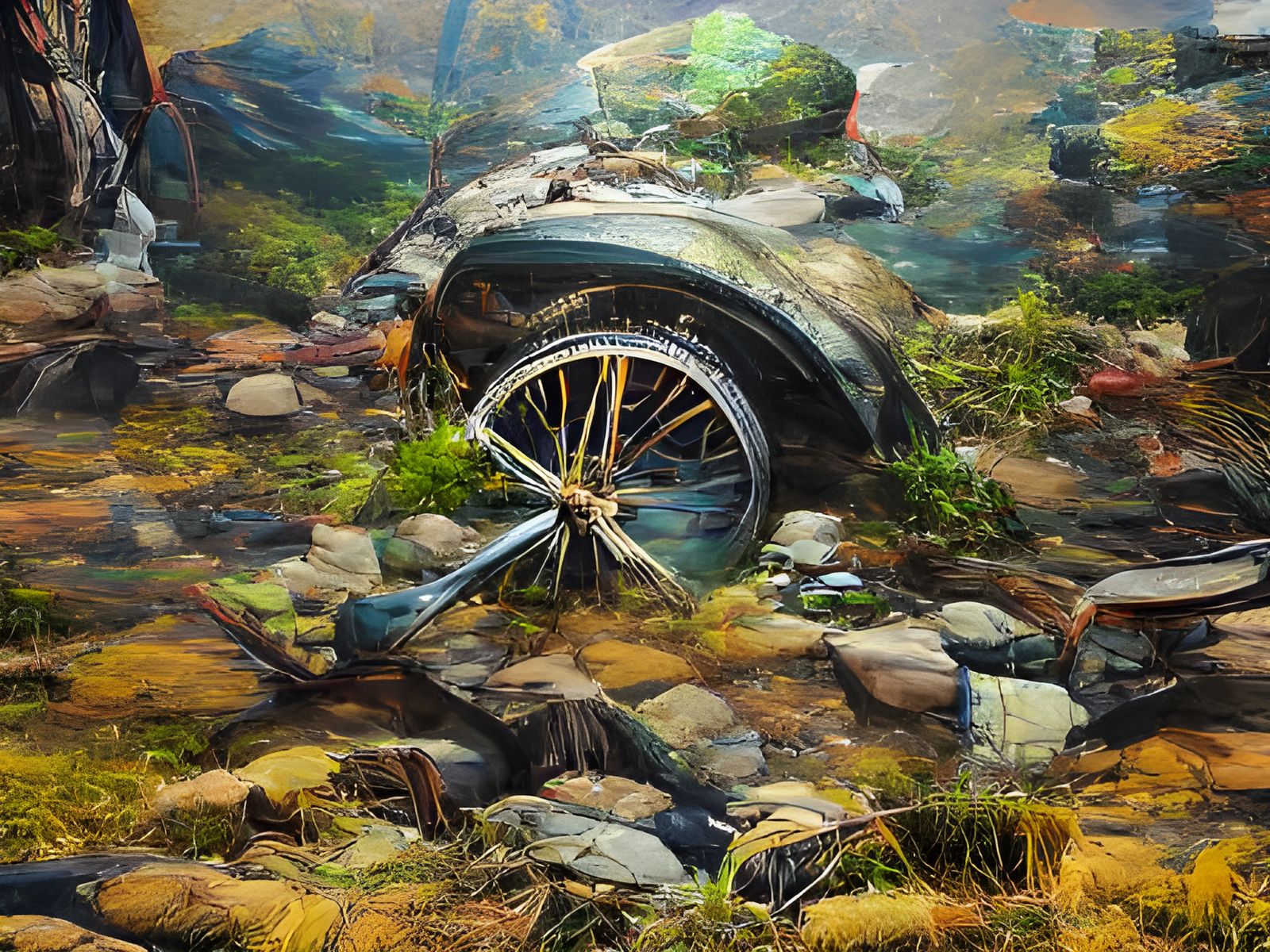 Old Wheel Leaning on a Rock