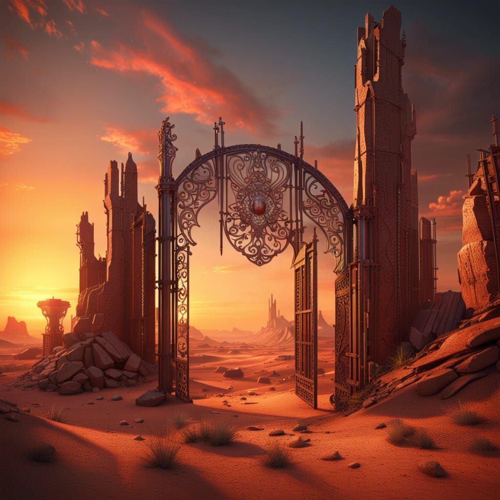 A handmade iron gate in the desert, disrupted, sun set, ruin...