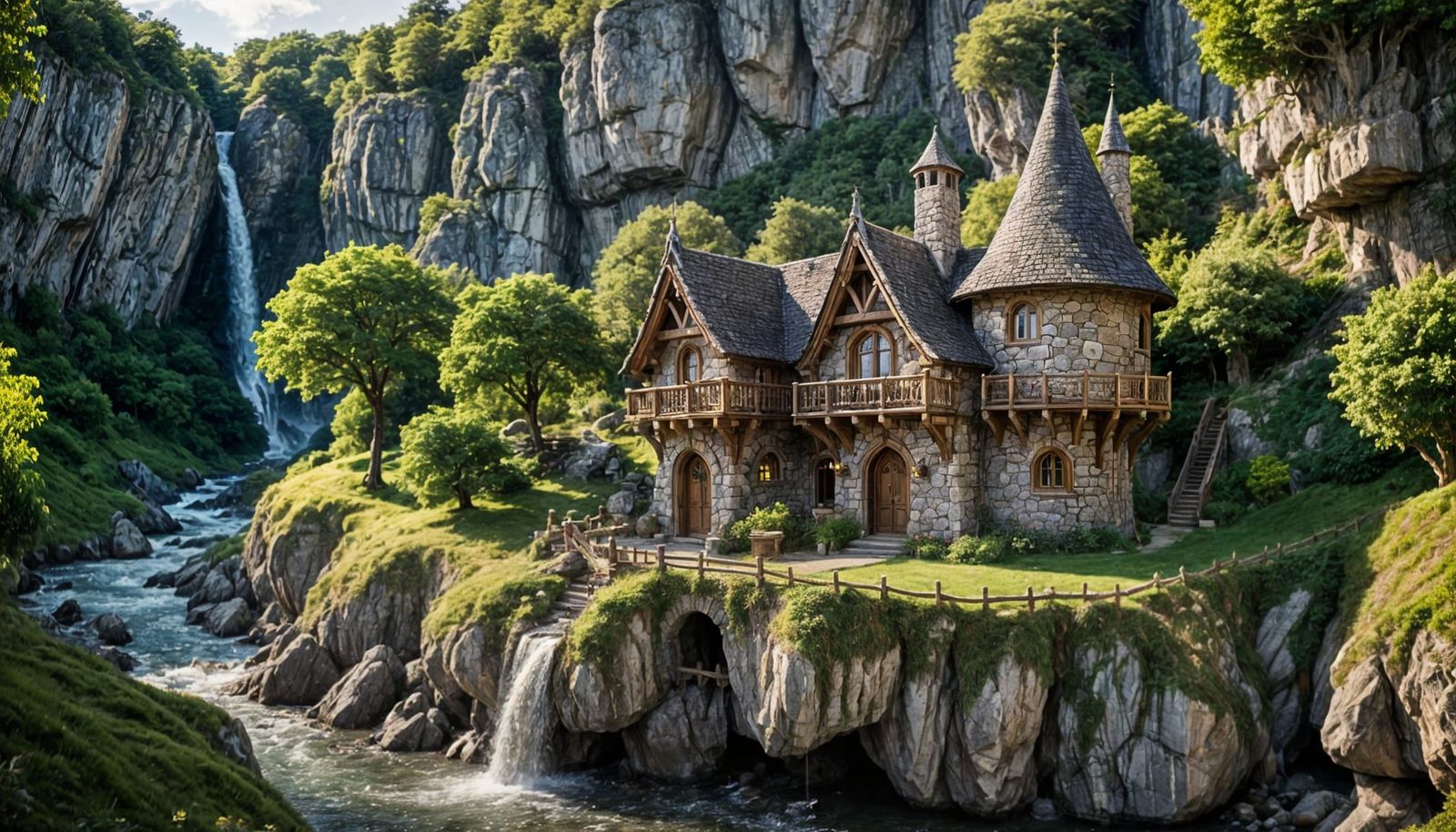 an elven cottage by a waterfall  by @Davy Jay