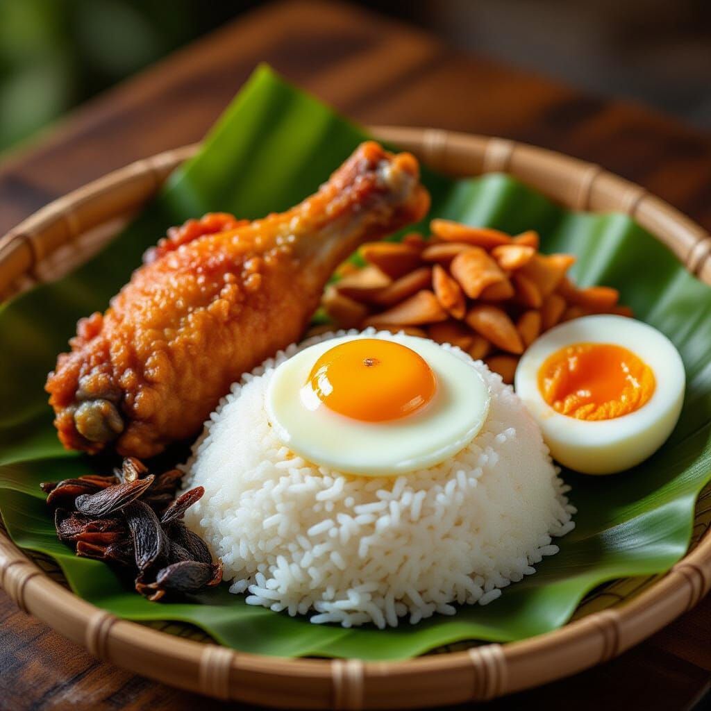 nasi lemak with  chicken wing egg and ikan bilis