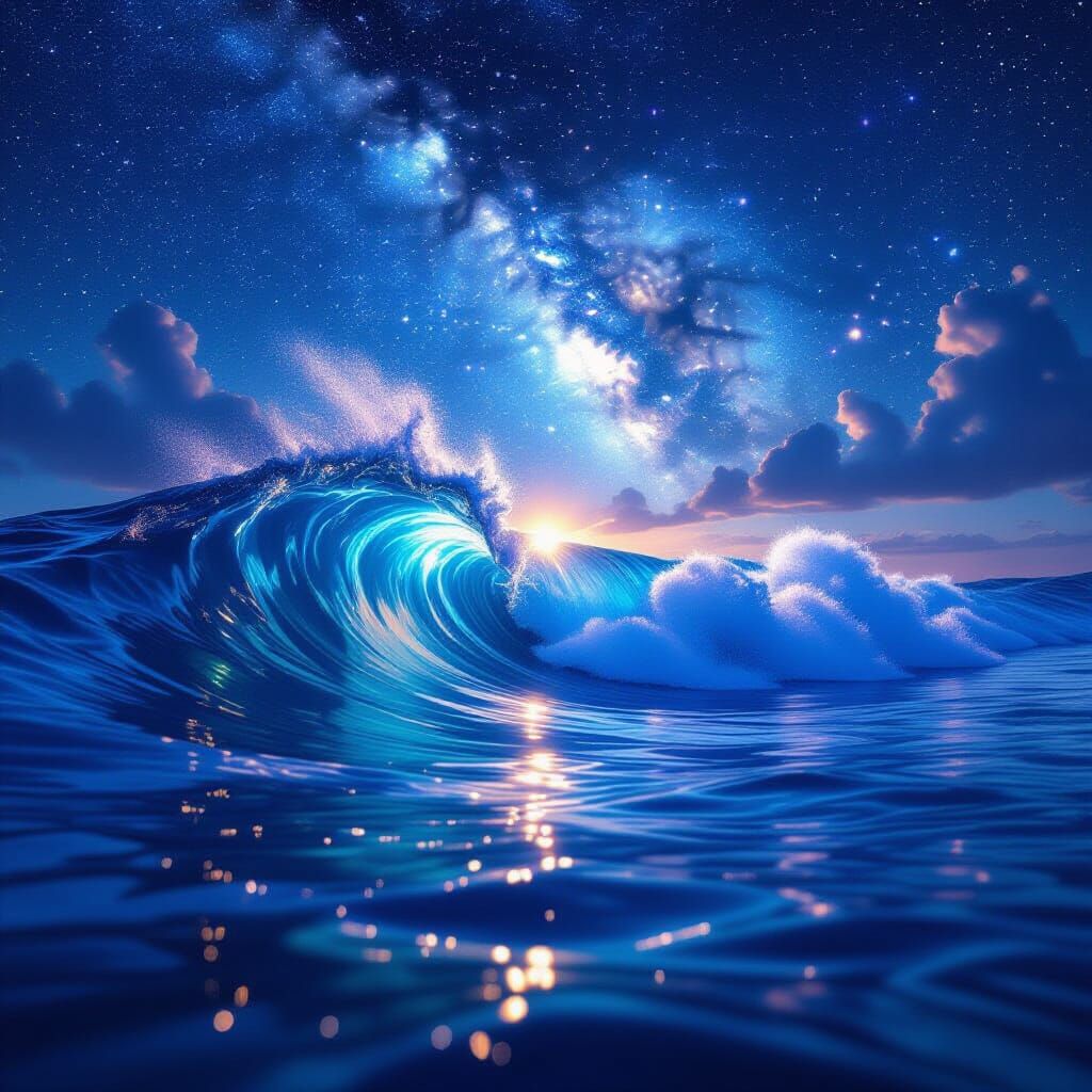 Hyperrealistic Transparent Ocean Waves Under Starry Sky