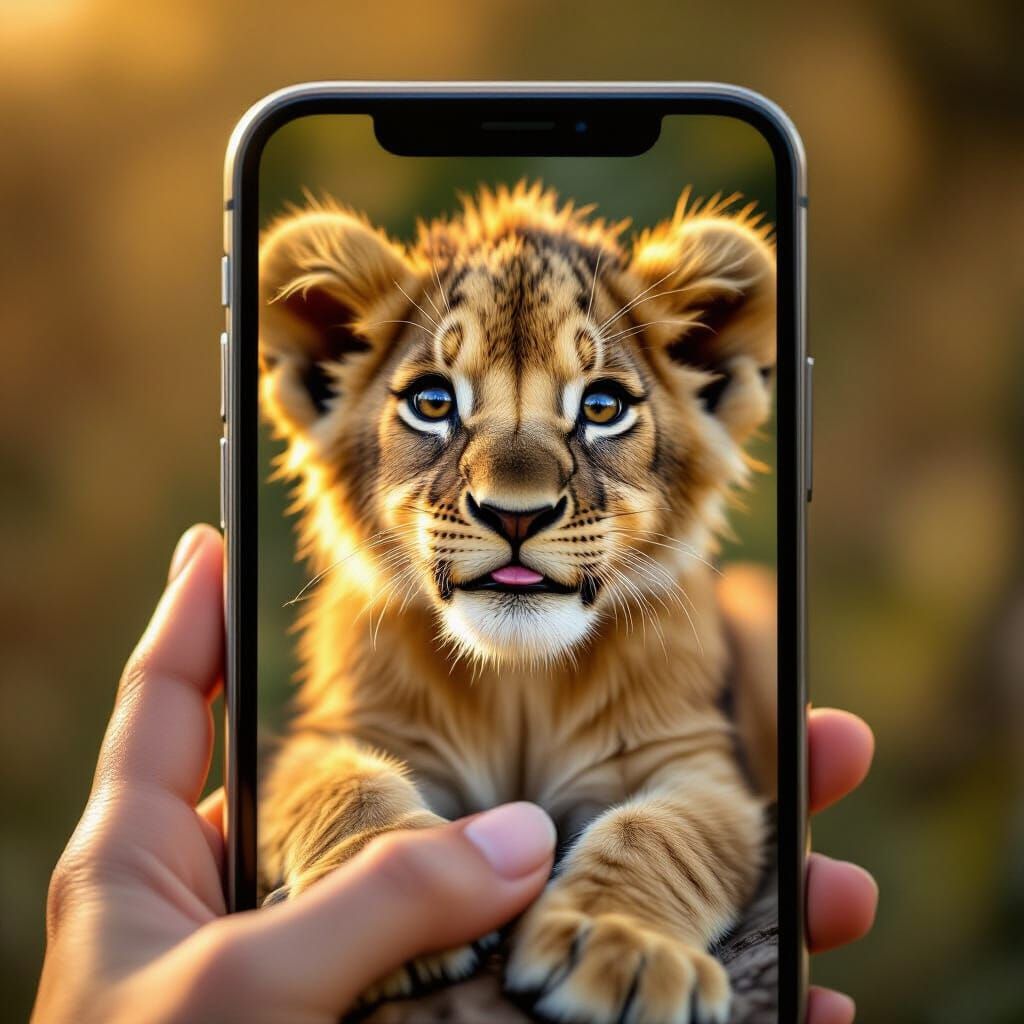 Playful Lion Cub Blows Kiss into Smartphone Camera