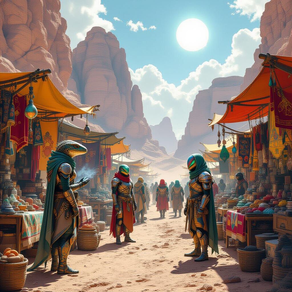 A bustling alien marketplace spread across a vast desert under twin suns.  by @Ahmaditto