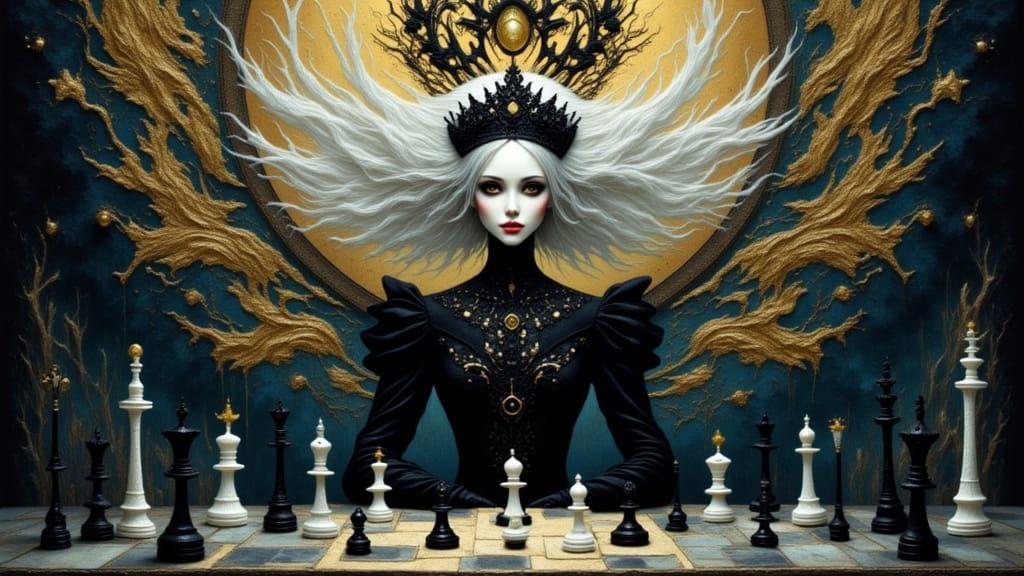 Gothic Queen in Chessboard Chaos: Painterly Watercolor Style