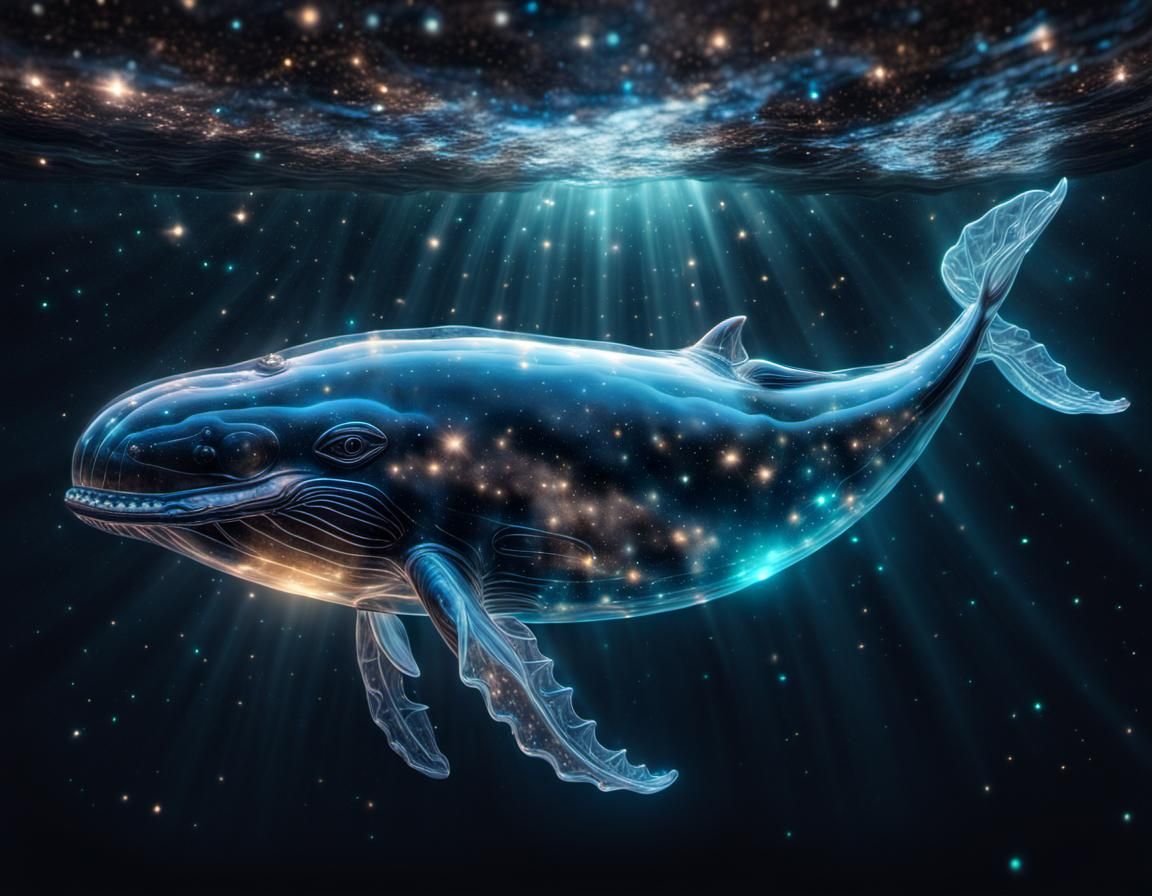 Out of world view of a huge fantastical glowing transparent glass whale swimming in the cosmos. Surrounded ...  by @ZHV