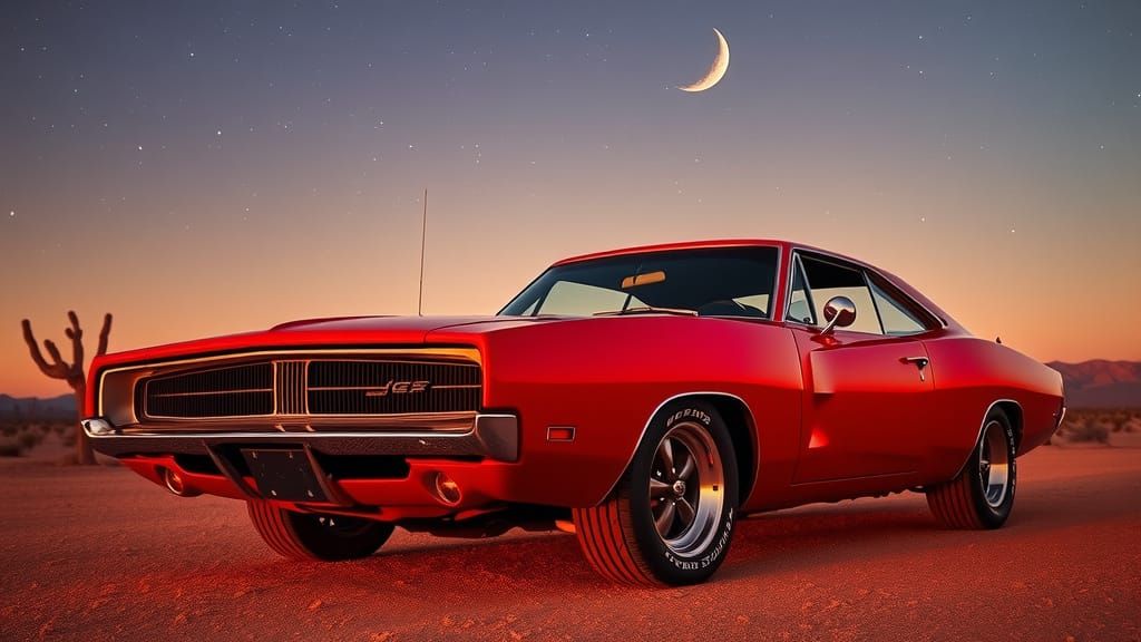 A gleaming Dodge Charger R/T, painted in candy apple red, parked under a desert sky with a crescent moon.