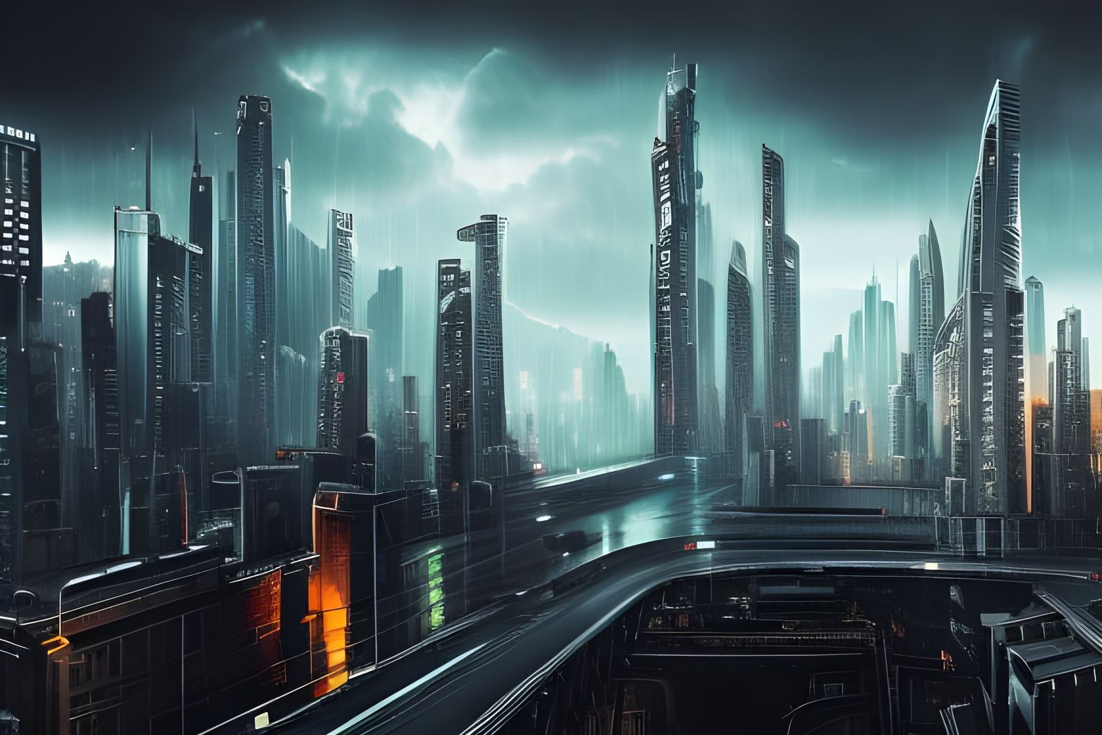 noir futuristic cityscape rainy