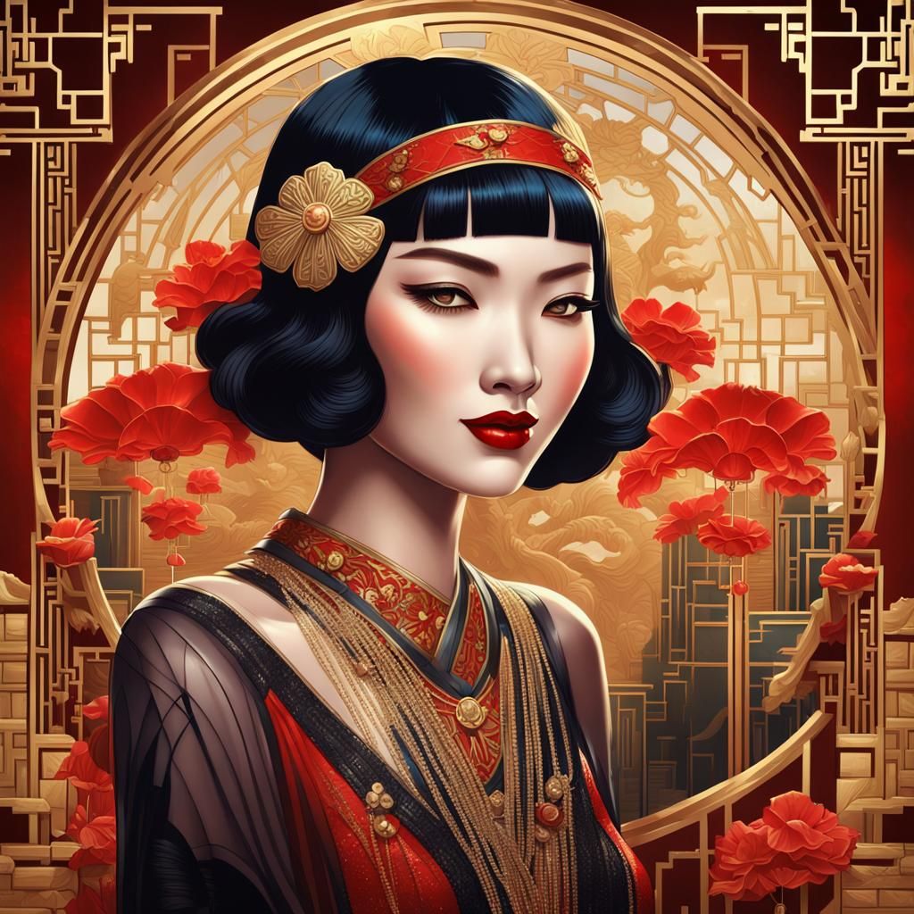 Art Deco Illustration of 1920s Voluptuous Chinese Flapper wi...