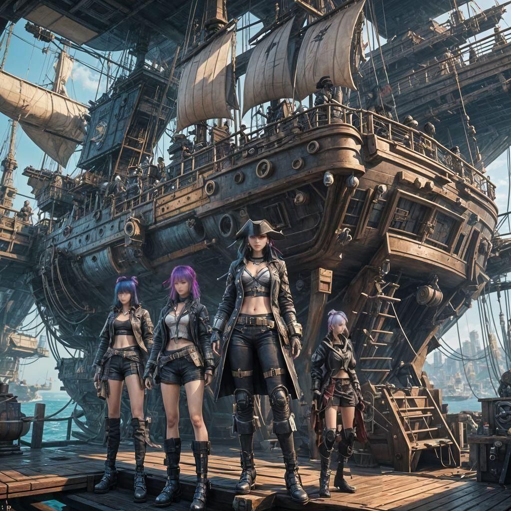 cyberpunk pirate ship with female crew