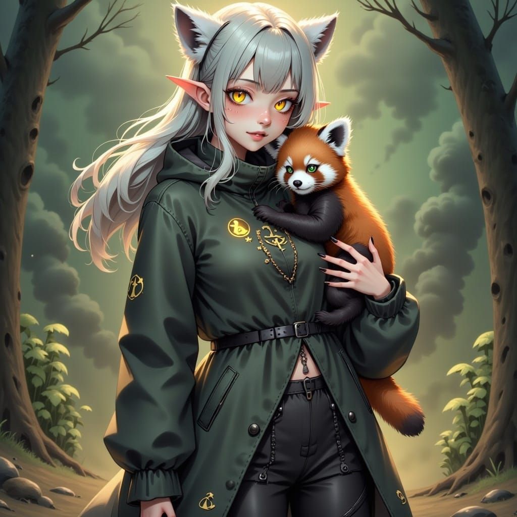 <lora:FairytaleCalamity Fx:1.0>, A stunning, elegant, and refined female elf with pale, translucent skin, she has long, flowing, and lustrou...