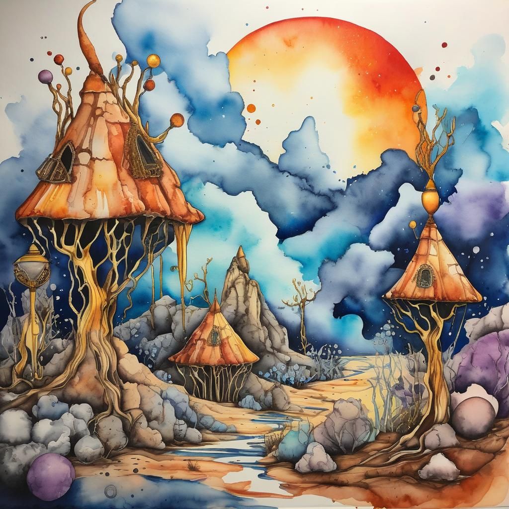 Vibrant Pop Surrealism Watercolor Painting with Ink