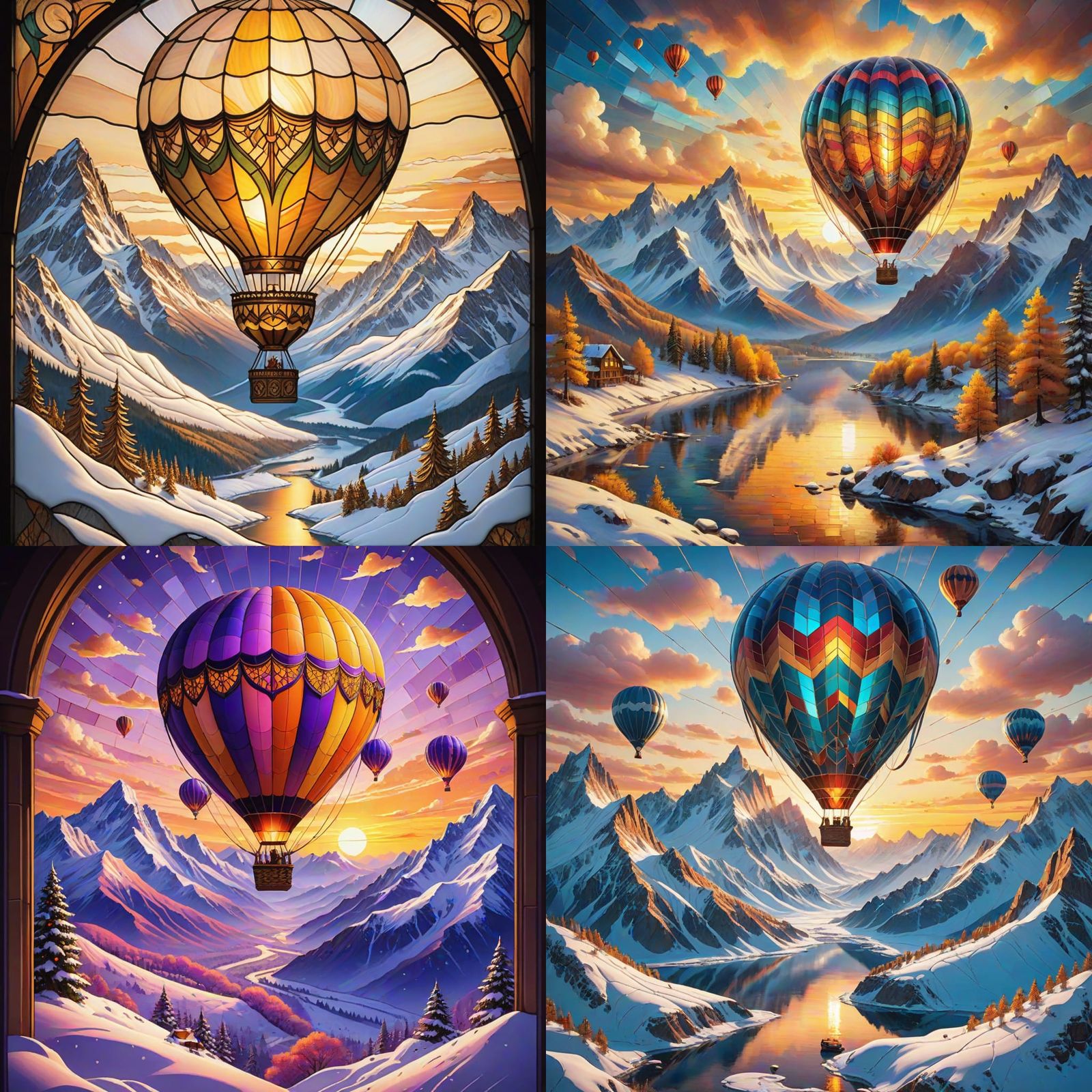 Christmas Stain Glass Hot Air Balloon Over Snowy Mountain