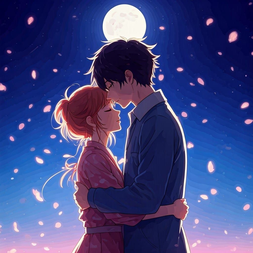 Romantic Anime Couple Under Cherry Blossoms