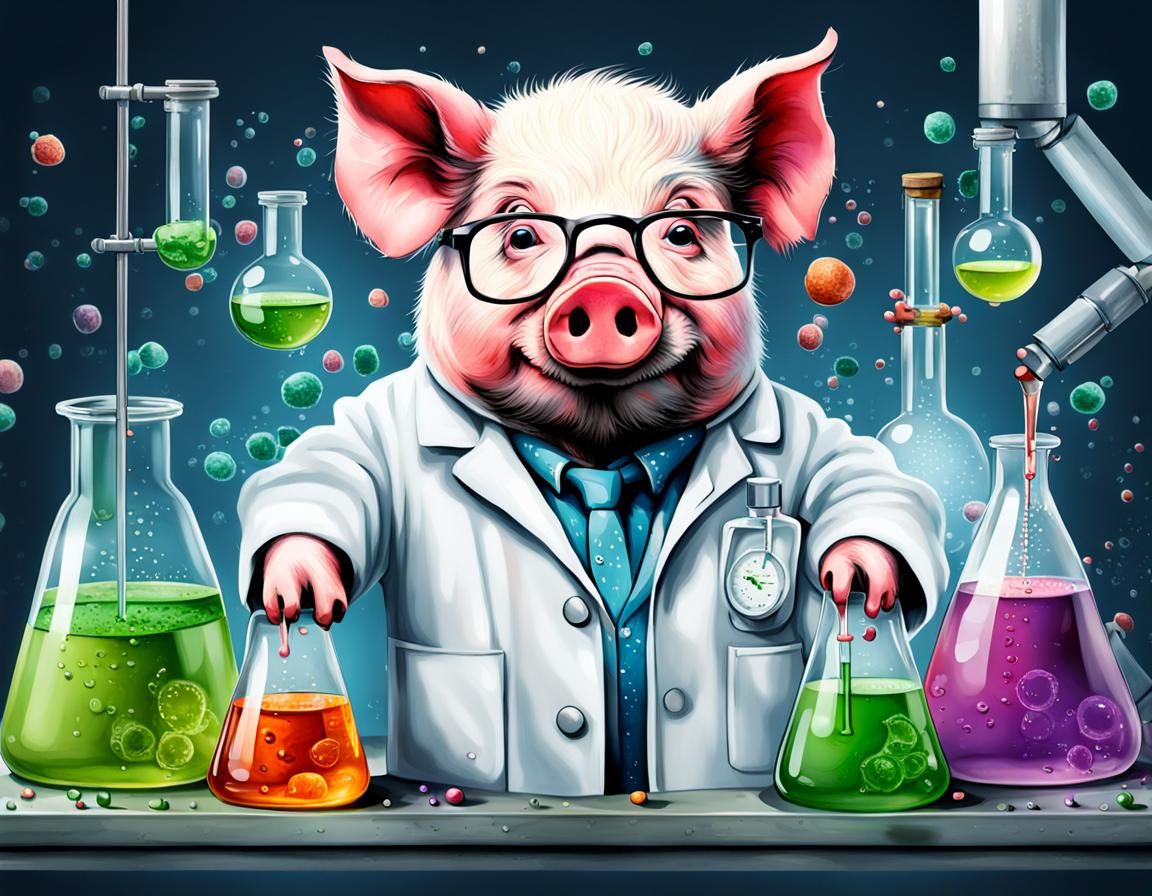 Cute Pig Scientist Mixing Liquids in Lab