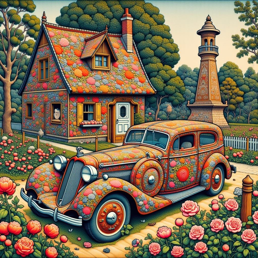 <lora:flat:1.0> flat image hyper detailed sketch old Studebaker car made of jacquard near house made of jacquard. Primitivism, comical, hype...