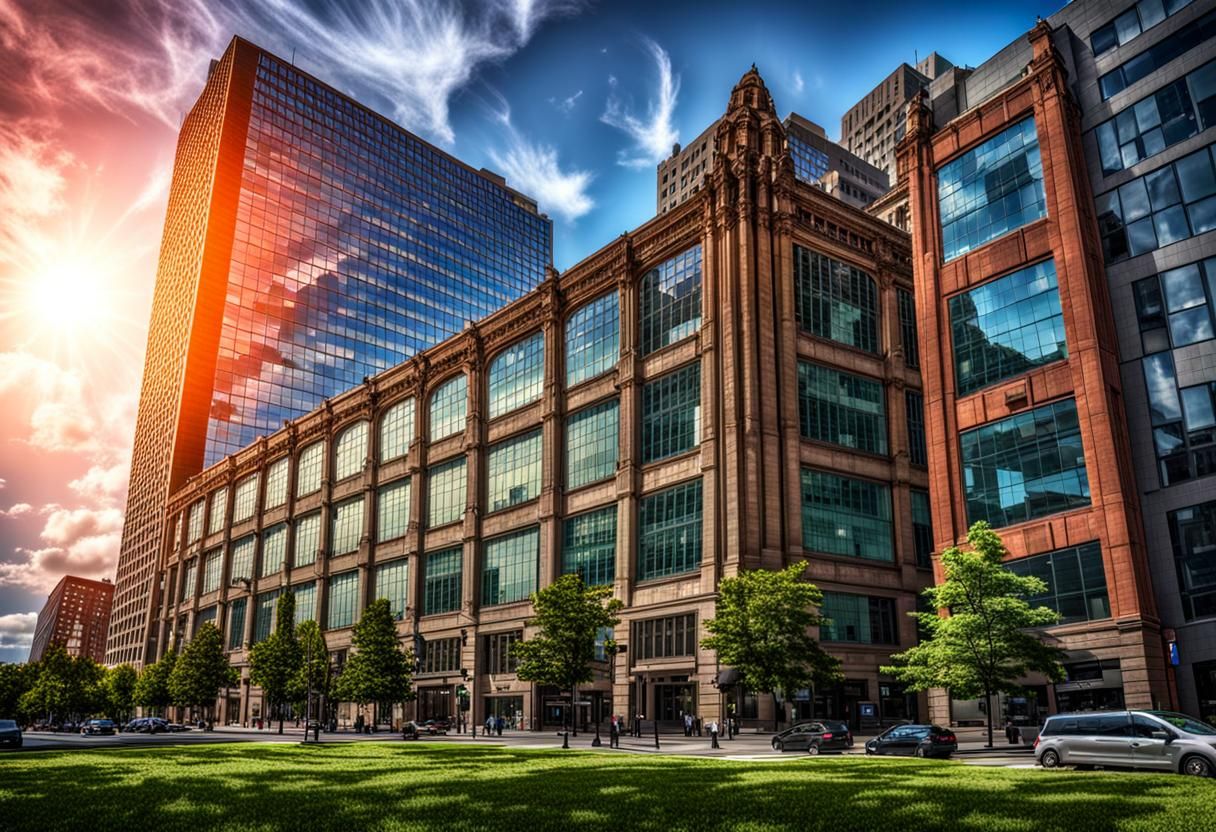 A large office building downtown in a big city metropolis. HDR, beautifully shot, hyperrealistic, sharp focus, 64 megapixels, perfect compos...