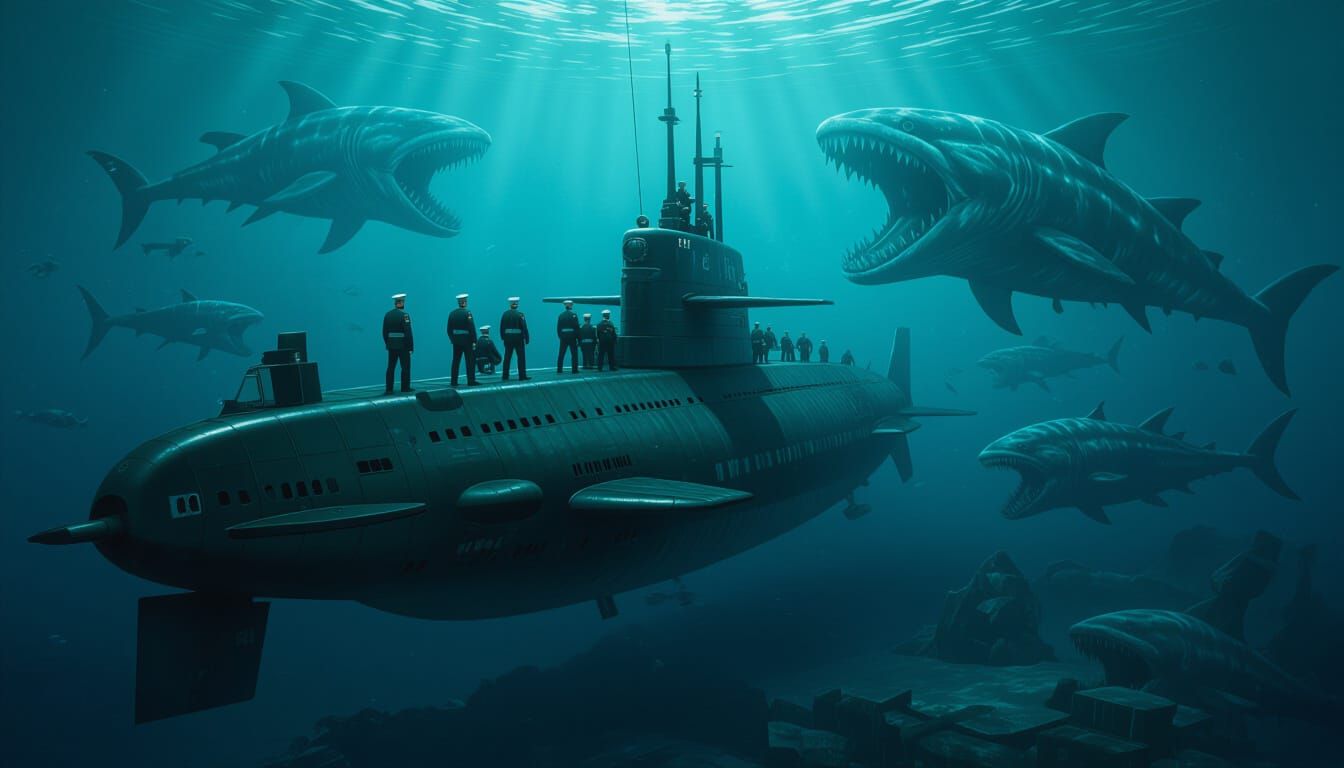 A photorealistic picture
A 1940s submarine under the water, attacked by sea monsters